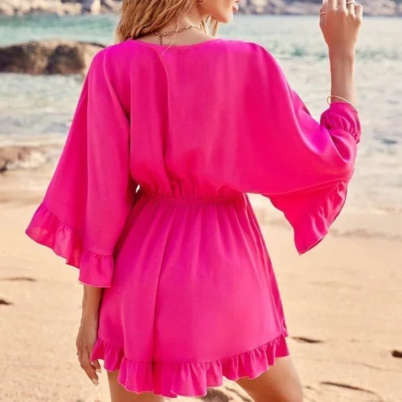 Hot Pink Boho Women Outfits Vacation Front Knot Valentines Pink Romper Shorts - Picture 2 of 5